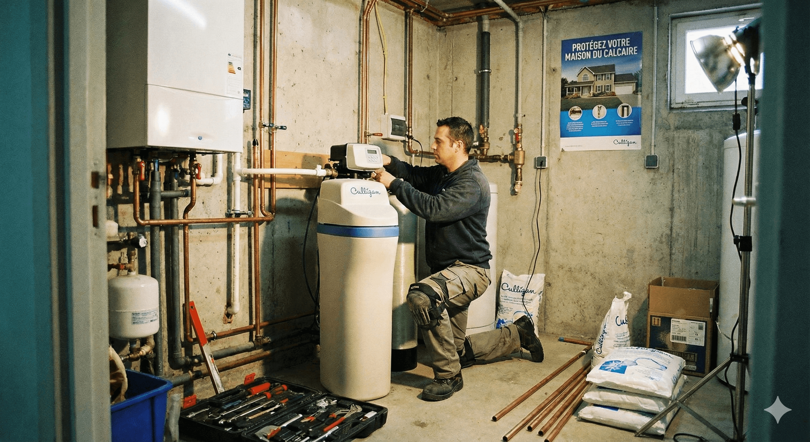 Technicien professionnel installant un adoucisseur d'eau dans l'Yonne